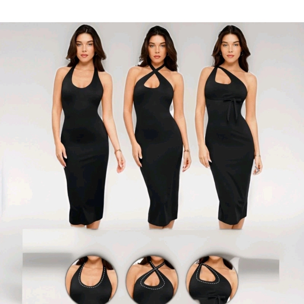 Black Halter Bodycon Midi Dress With Built In Shape Wear